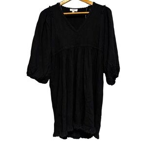 Umgee Black Linen Cotton Babydoll Mini Dress Medium Lace VNeck Boho Chic